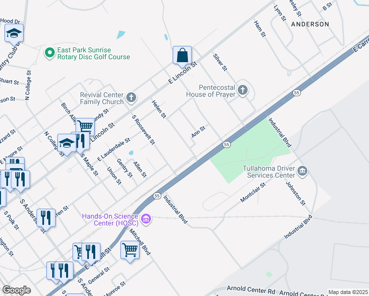 map of restaurants, bars, coffee shops, grocery stores, and more near 400 Helen Street in Tullahoma