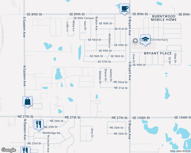 map of restaurants, bars, coffee shops, grocery stores, and more near 3417 Marilyn Drive in Moore