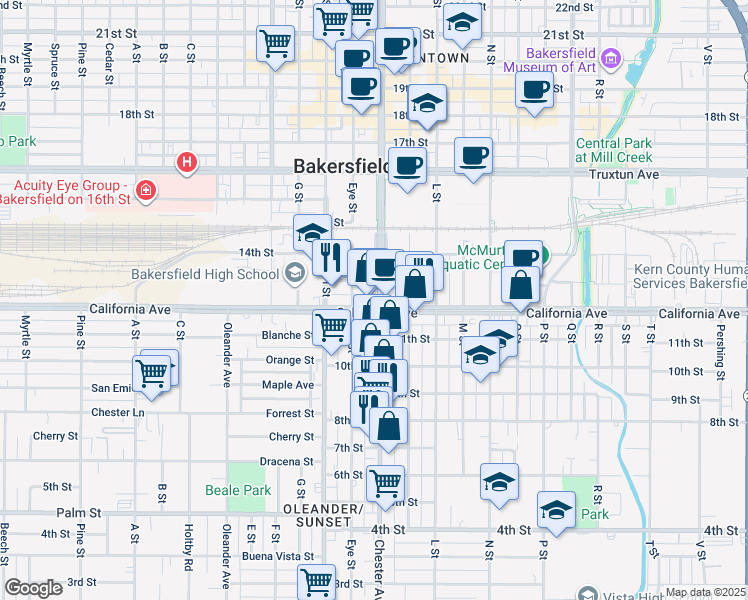 map of restaurants, bars, coffee shops, grocery stores, and more near 1207 Chester Avenue in Bakersfield