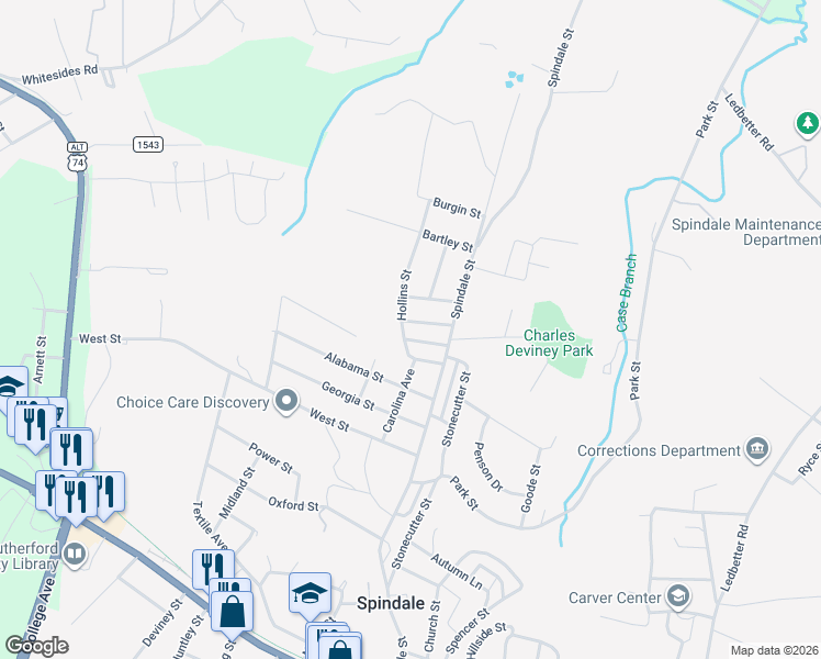 map of restaurants, bars, coffee shops, grocery stores, and more near 168 Wallace Street in Spindale