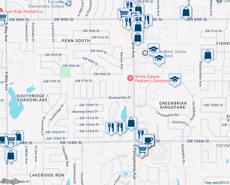 map of restaurants, bars, coffee shops, grocery stores, and more near 9910 Larkspur Lane in Oklahoma City