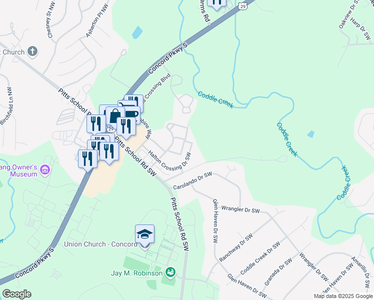 map of restaurants, bars, coffee shops, grocery stores, and more near 359 Halton Crossing Drive Southwest in Concord