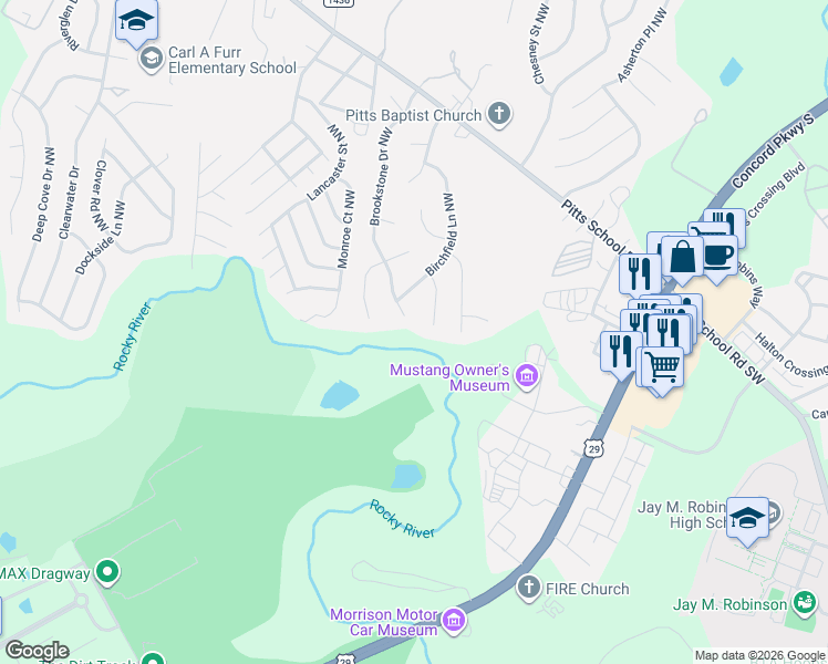 map of restaurants, bars, coffee shops, grocery stores, and more near 5998 Brookstone Drive Northwest in Concord