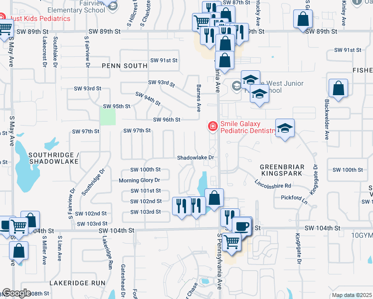 map of restaurants, bars, coffee shops, grocery stores, and more near 9908 Larkspur Lane in Oklahoma City