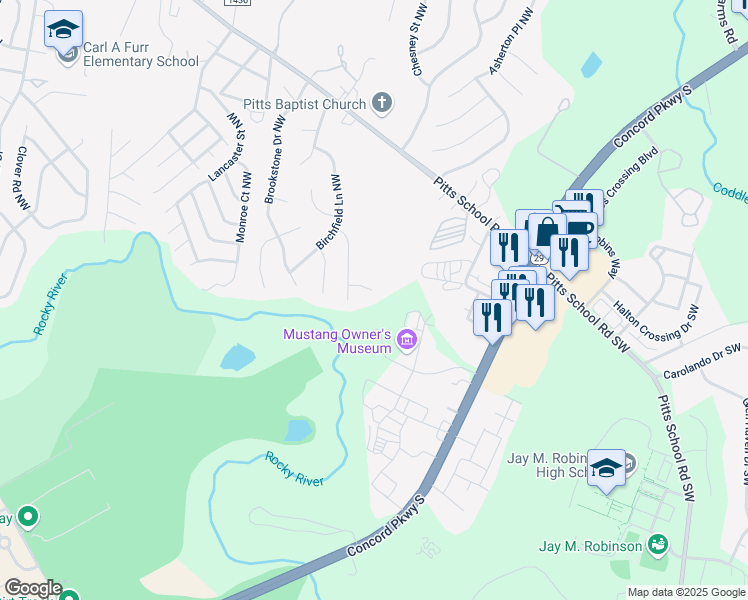 map of restaurants, bars, coffee shops, grocery stores, and more near 2884 Shadow Brook Court Northwest in Concord