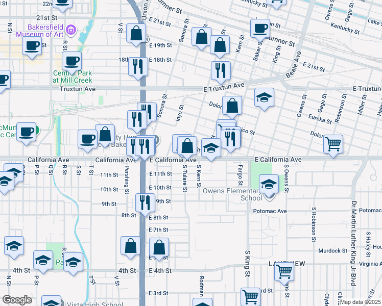 map of restaurants, bars, coffee shops, grocery stores, and more near 430 East California Avenue in Bakersfield