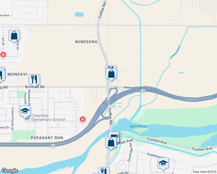 map of restaurants, bars, coffee shops, grocery stores, and more near Coffee Rd & Brimhall Rd in Bakersfield