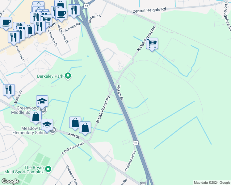 map of restaurants, bars, coffee shops, grocery stores, and more near 3300 U.S. 70 Business in Goldsboro