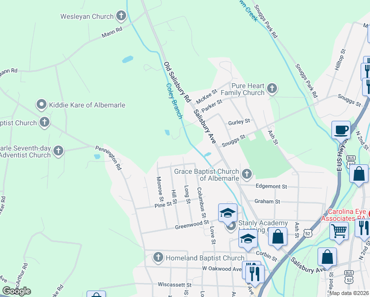 map of restaurants, bars, coffee shops, grocery stores, and more near 1409 Long Street in Albemarle