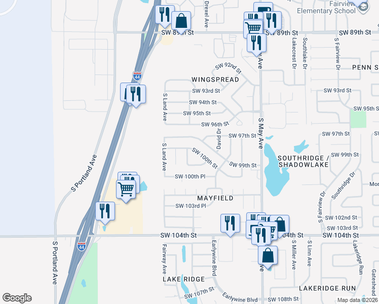 map of restaurants, bars, coffee shops, grocery stores, and more near 10113 South Rachel Court in Oklahoma City