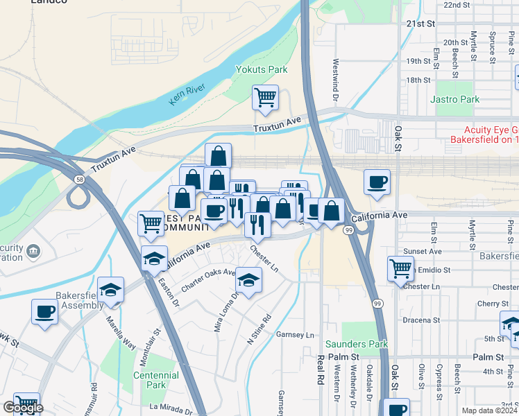 map of restaurants, bars, coffee shops, grocery stores, and more near 4241 Chester Lane in Bakersfield
