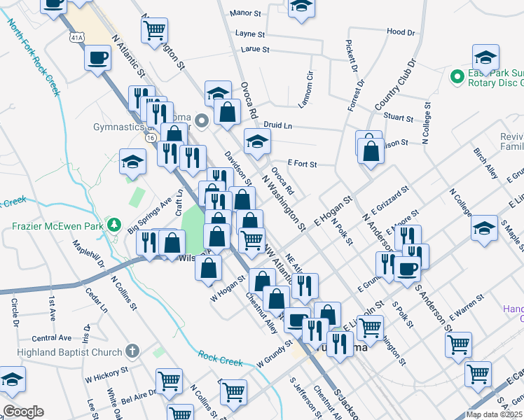 map of restaurants, bars, coffee shops, grocery stores, and more near 108 Brown Street in Tullahoma