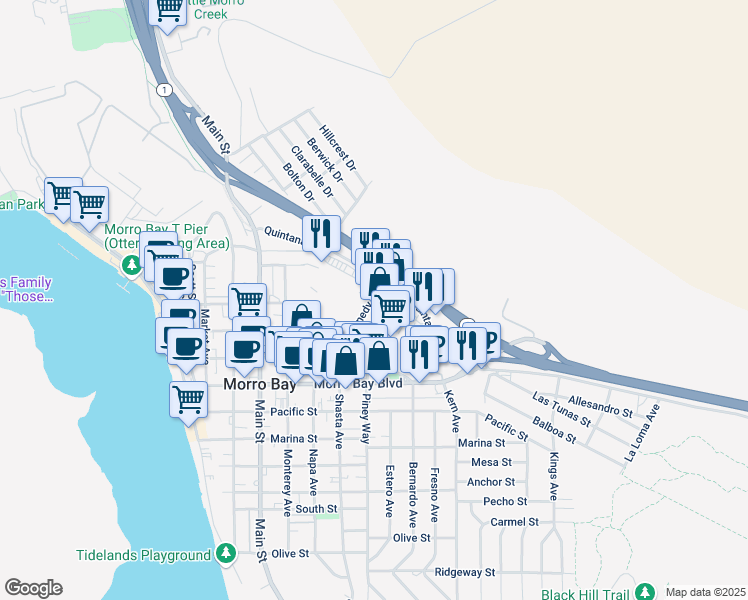 map of restaurants, bars, coffee shops, grocery stores, and more near 640 Quintana Road in Morro Bay