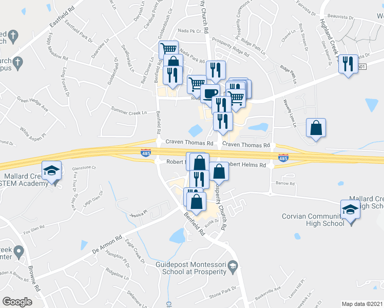 map of restaurants, bars, coffee shops, grocery stores, and more near Interstate 485 Outer in Charlotte