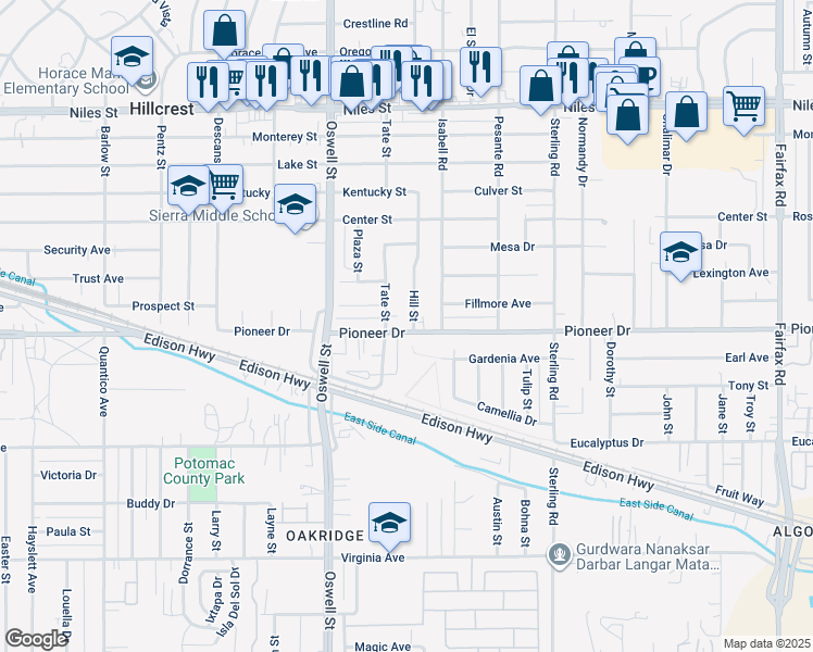 map of restaurants, bars, coffee shops, grocery stores, and more near 3137 Pioneer Drive in Bakersfield