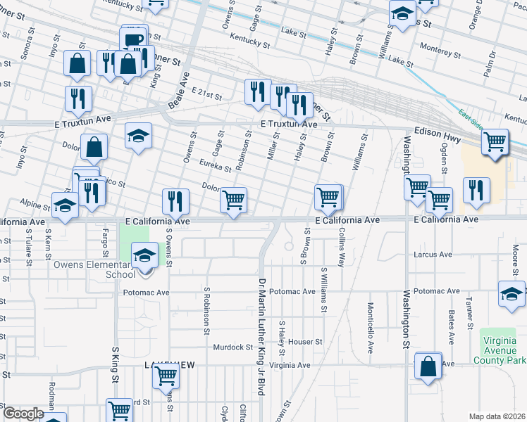map of restaurants, bars, coffee shops, grocery stores, and more near 1328 East California Avenue in Bakersfield
