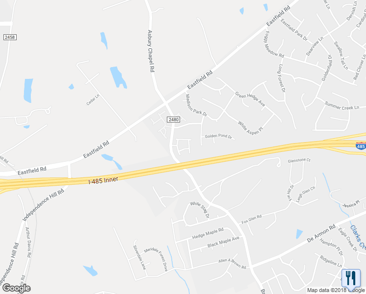 map of restaurants, bars, coffee shops, grocery stores, and more near 11625 Boxer Lane in Charlotte