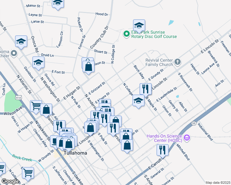 map of restaurants, bars, coffee shops, grocery stores, and more near 601 East Grundy Street in Tullahoma