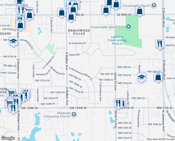 map of restaurants, bars, coffee shops, grocery stores, and more near 9912 South Harvey Avenue in Oklahoma City