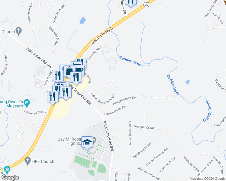 map of restaurants, bars, coffee shops, grocery stores, and more near 363 Halton Crossing Drive Southwest in Concord