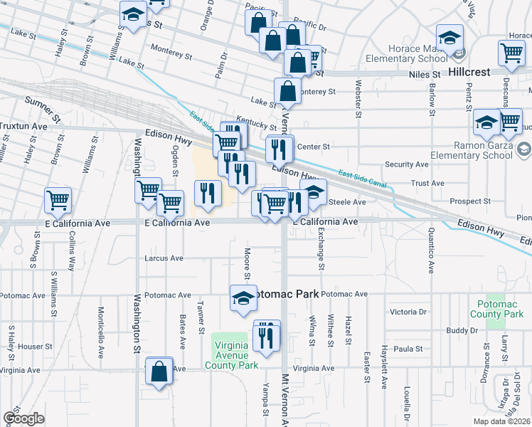 map of restaurants, bars, coffee shops, grocery stores, and more near 2135C East California Avenue in Bakersfield