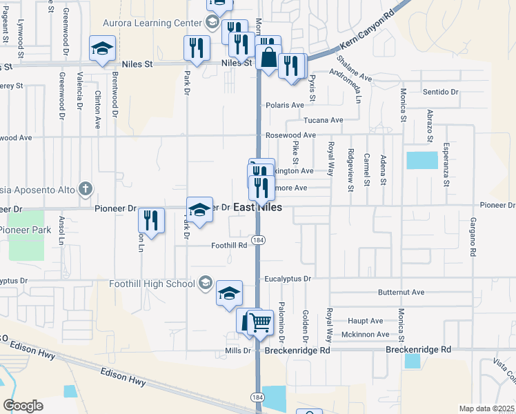 map of restaurants, bars, coffee shops, grocery stores, and more near Morning Drive & Pioneer Drive in Bakersfield