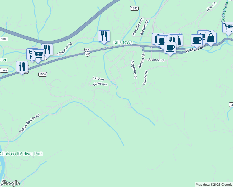 map of restaurants, bars, coffee shops, grocery stores, and more near 4 Laurel Branch Road in Sylva