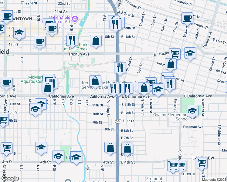 map of restaurants, bars, coffee shops, grocery stores, and more near 1201 Union Avenue in Bakersfield
