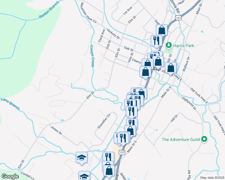 map of restaurants, bars, coffee shops, grocery stores, and more near 1042 Elm Street in Dunlap