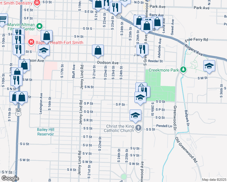 map of restaurants, bars, coffee shops, grocery stores, and more near 2221 South O Street in Fort Smith