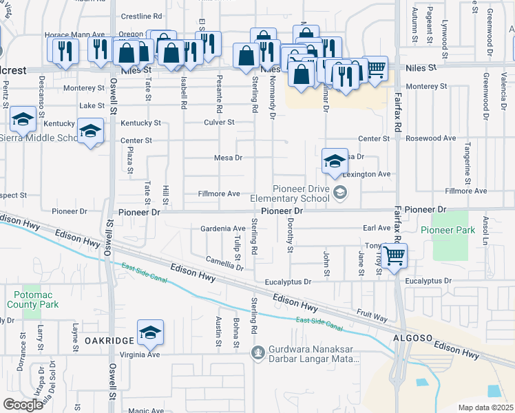 map of restaurants, bars, coffee shops, grocery stores, and more near 707 Sterling Road in Bakersfield