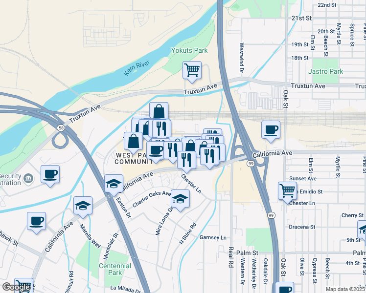 map of restaurants, bars, coffee shops, grocery stores, and more near 4241 Chester Lane in Bakersfield