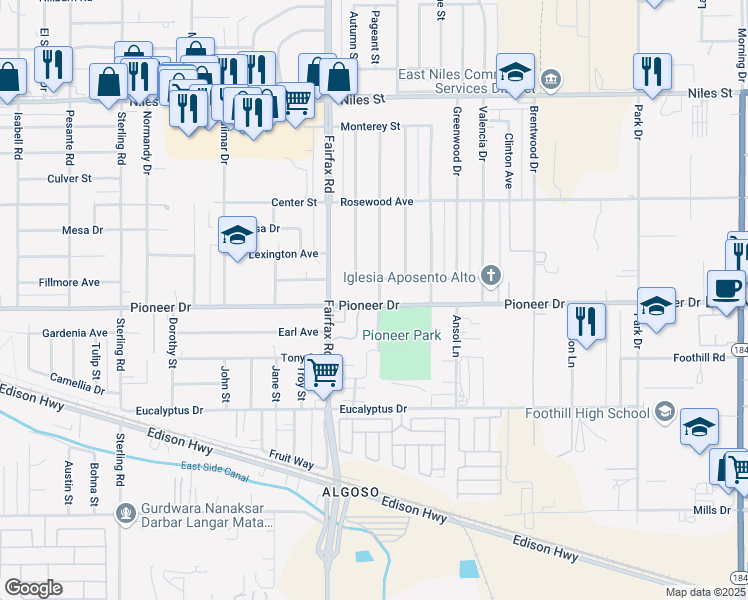 map of restaurants, bars, coffee shops, grocery stores, and more near 84 Pioneer Drive in Bakersfield