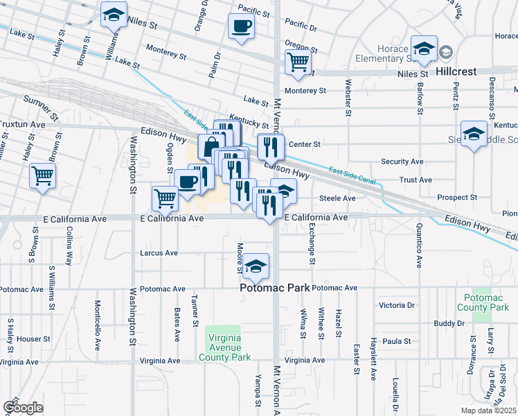 map of restaurants, bars, coffee shops, grocery stores, and more near 2135C East California Avenue in Bakersfield