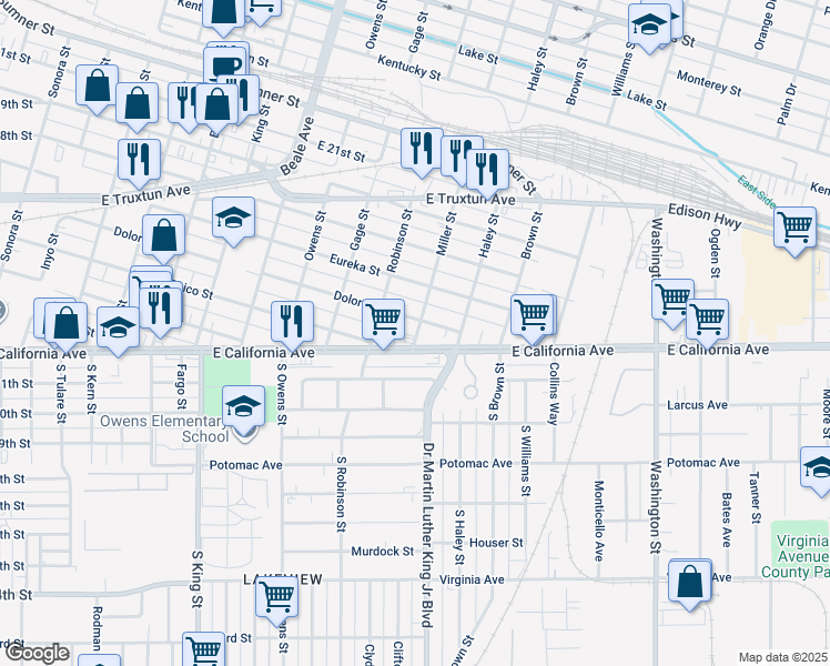 map of restaurants, bars, coffee shops, grocery stores, and more near 1233 East California Avenue in Bakersfield
