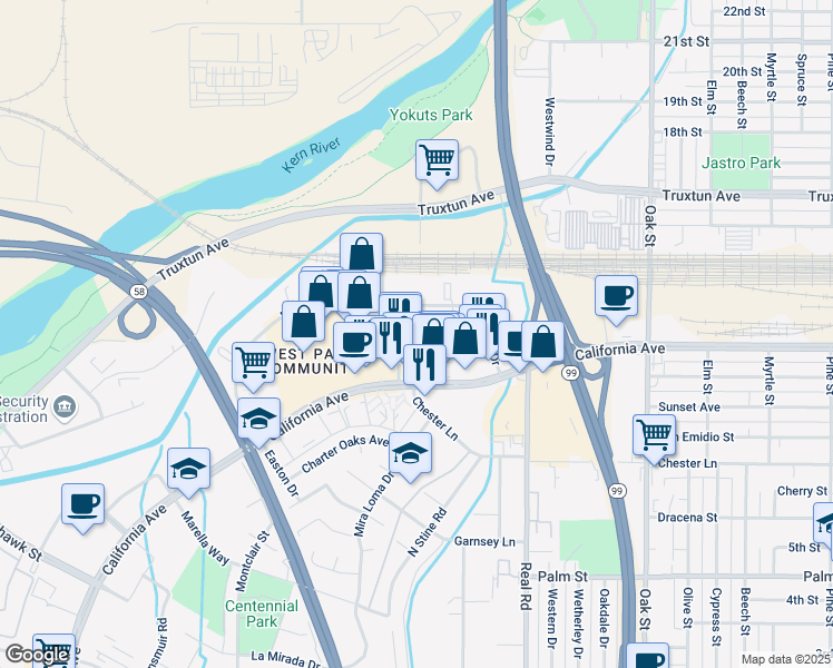 map of restaurants, bars, coffee shops, grocery stores, and more near 4241 Chester Lane in Bakersfield