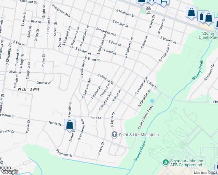 map of restaurants, bars, coffee shops, grocery stores, and more near 1700 East Hawthorne Street in Goldsboro