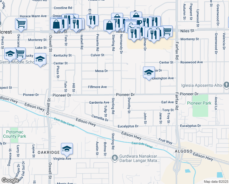 map of restaurants, bars, coffee shops, grocery stores, and more near 707 Sterling Road in Bakersfield
