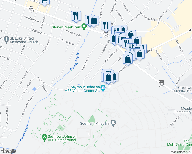map of restaurants, bars, coffee shops, grocery stores, and more near 220 Glenwood Trail in Goldsboro