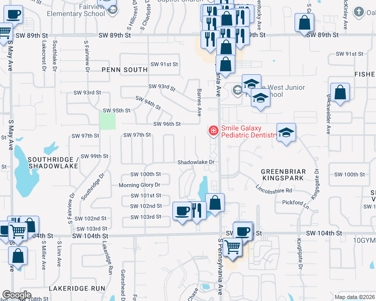 map of restaurants, bars, coffee shops, grocery stores, and more near 9917 Larkspur Lane in Oklahoma City