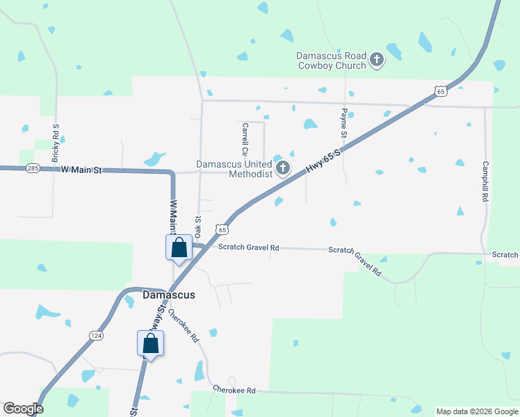 map of restaurants, bars, coffee shops, grocery stores, and more near 17319 Highway 65 South in Damascus