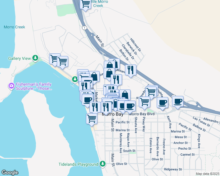 map of restaurants, bars, coffee shops, grocery stores, and more near 1111 Main Street in Morro Bay