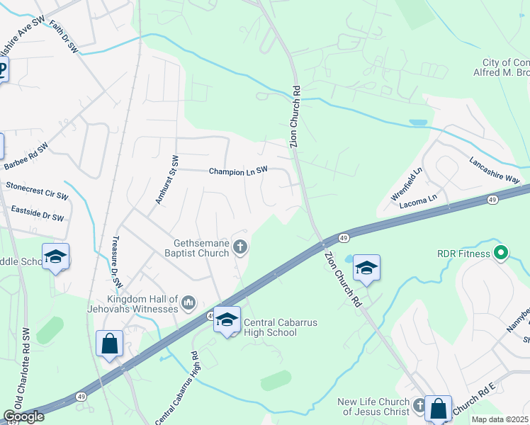 map of restaurants, bars, coffee shops, grocery stores, and more near 3033 Winners Circle Southwest in Concord