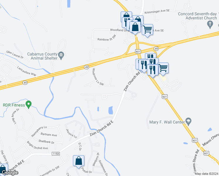 map of restaurants, bars, coffee shops, grocery stores, and more near 366 Windrose Lane Southwest in Concord