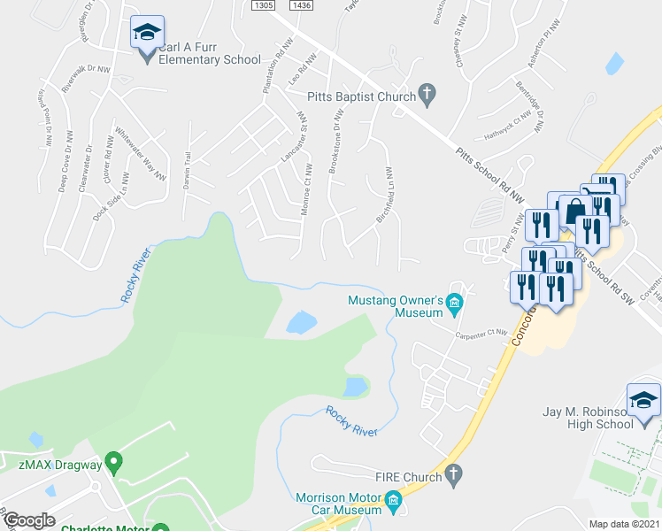 map of restaurants, bars, coffee shops, grocery stores, and more near 5751 Spring Gate Court Northwest in Concord