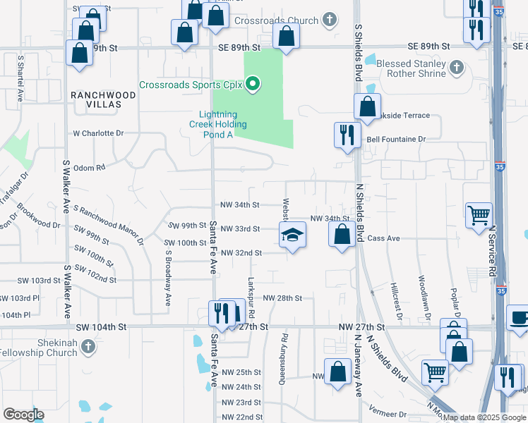 map of restaurants, bars, coffee shops, grocery stores, and more near 912 Northwest 34th Street in Moore