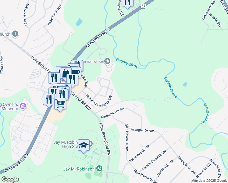 map of restaurants, bars, coffee shops, grocery stores, and more near 358 Halton Crossing Drive Southwest in Concord