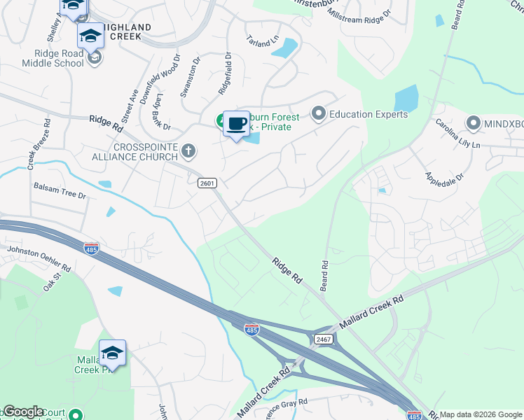 map of restaurants, bars, coffee shops, grocery stores, and more near 2934 Ridge Road in Charlotte