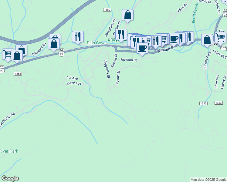 map of restaurants, bars, coffee shops, grocery stores, and more near 389 Ridgeway Street in Sylva