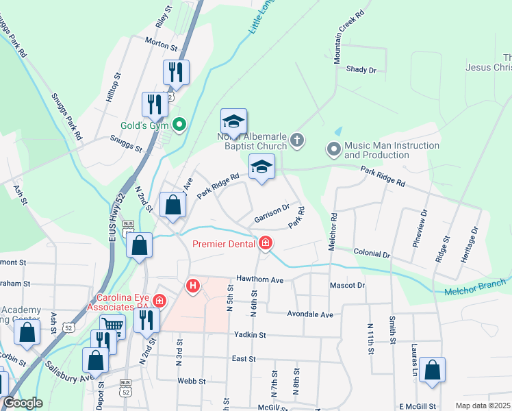 map of restaurants, bars, coffee shops, grocery stores, and more near 147 Linwood Drive in Albemarle